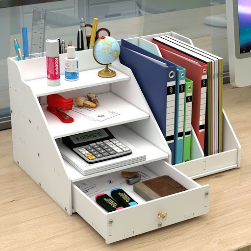 Organisateur de Bureau Multifonction en Bois Blanc - Rangement pour Documents, Stylos & Tiroir Intégré