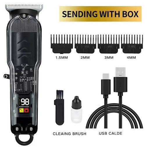 Tondeuse à Cheveux & Barbe Professionnelle Transparente - Tondeuse de Finition de Précision avec Écran LCD, Lame en T & Rechargement USB - Kit Complet avec 4 Sabots