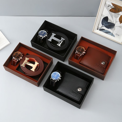 Coffret Cadeau Homme Élégant - Ensemble 3 Pièces : Montre Analogue de Précision + Ceinture en Cuir à Boucle Métallique H ou Portefeuille Assorti avec Boîte Cadeau