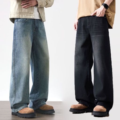 Jean Homme coupe Large Baggy Style Streetwear Vintage - Pantalon Denim Droit & Fluid Effet Délavé Tombé Parfait