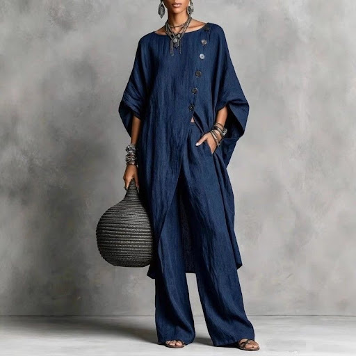 Ensemble 2 Pièces Femme Style Bohème Chic - Tunique Longue Asymétrique & Pantalon Ample en Lin/Coton