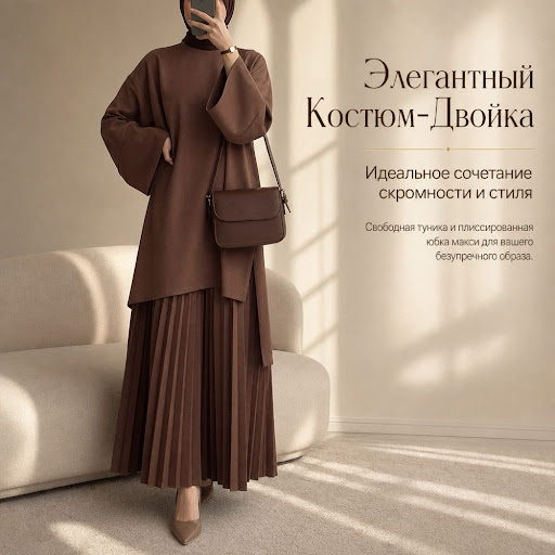Ensemble Deux Pièces Femme Style Modeste - Tunique Oversize Col Rond & Jupe Longue Plissée