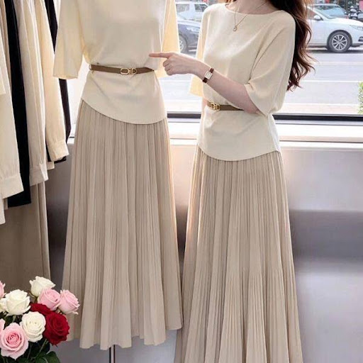 Ensemble Été 2 Pièces Femme Élégant — T-shirt Col Bateau Manches Mi-Longues & Jupe Longue Plissée en Mousseline Taille Haute (Ceinture Offerte)
