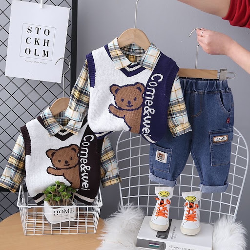 Ensemble 3 Pièces Élégant Garçon SJBB — Chemise à Carreaux, Débardeur en Maille & Pantalon Assorti