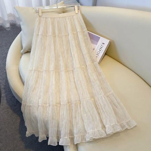 Jupe Longue Évasée en Voile Texturé à Volants — Style Bohème & Chic