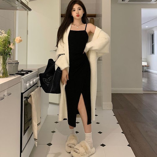 Ensemble 2 Pièces Chic — Robe Longue Fendue à Bretelles & Cardigan Long Maille Douce