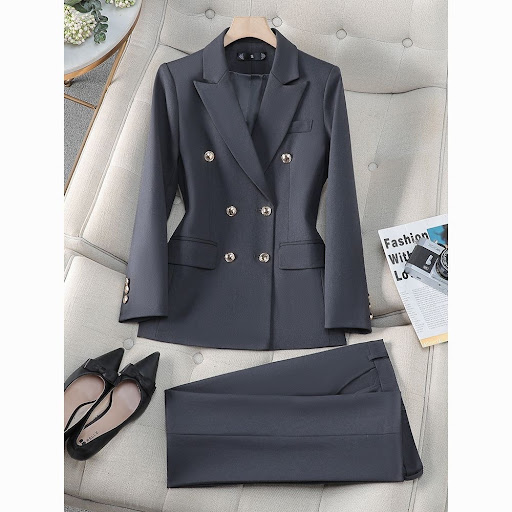 Ensemble Tailleur Pantalon Femme Chic — Veste Croisée Boutons Dorés & Pantalon Droit
