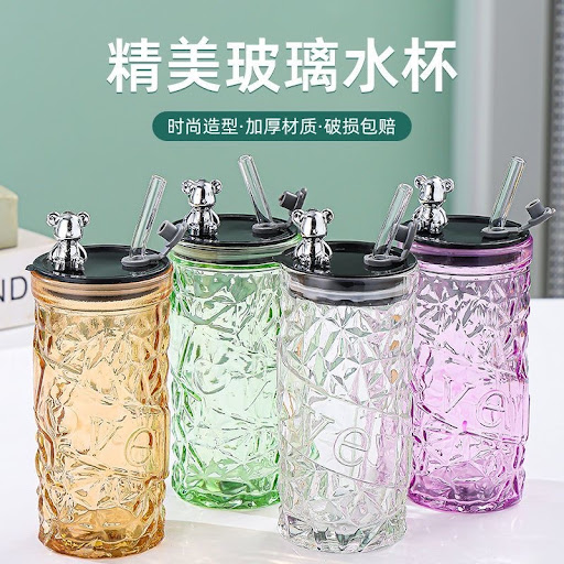 Gobelet en Verre Relief Diamant — Tasse avec Couvercle Ours Chromé & Paille intégrée (330 ml)