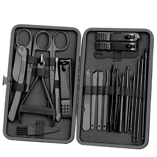Kit de Manucure, Pédicure & Soin du Visage 24 Pièces — Coffret Complet en Acier Inoxydable Noir Mat
