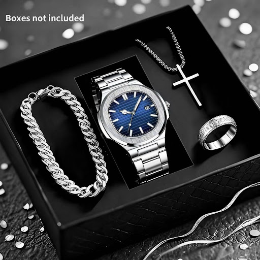 Coffret Parure Homme Élégance 4-en-1 : Montre Quartz en Acier Inoxydable + Gourmette + Collier Pendentif Croix + Bague Gravée