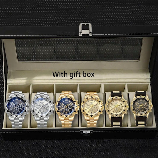 Coffret Cadeau Homme Luxe - Ensemble 6 Montres Quartz Design Chrono & Boîtier de Rangement Vitré
