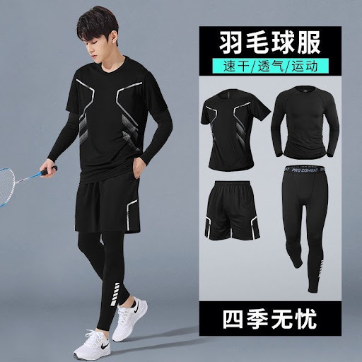 Ensemble de Sport Homme Pro 4 Pièces - T-Shirt, Short, Haut & Legging de Compression (Séchage Rapide)