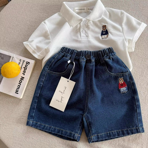 Short / Bermuda Décontracté Enfant Motif Brodé Ourson - Collection Été (80 à 130 cm)