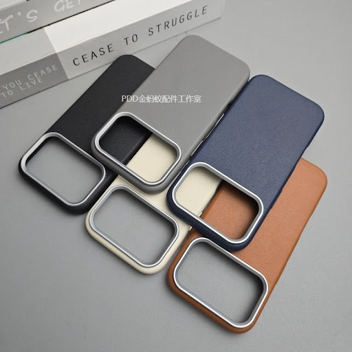 Coque de Protection Premium Effet Cuir Litchi Antichoc avec Contour Caméra Métallique Amovible pour iPhone