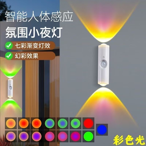 Applique Murale LED Sans Fil Rechargeable USB – Veilleuse Intelligente à Détecteur de Mouvement & Effet Lumineux Double Faisceau (Double Œil de Chat)