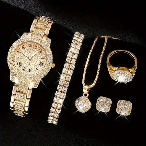 Parure Complète montre & Bijoux Femme Luxe – Montre Strass, Collier, Bracelet, Bague & Boucles d'Oreilles