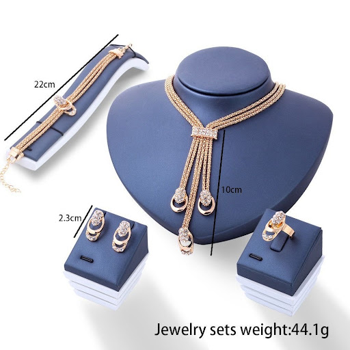 Parure de Bijoux Mariage 4 Pièces Dorée – Ensemble Chaine/Pendentif Cascade, Bracelet, Bague & Boucles d'Oreilles Sertis de Cristaux Strass Brillants