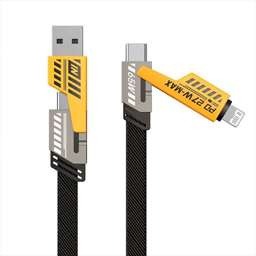 Câble de Charge Rapide 4-en-1 Style Mecha PD 65W – Connecteurs USB-A / Type-C vers Type-C / Lightning – Câble Tressé Ultra-Résistant pour Smartphone, Tablette & PC Portable