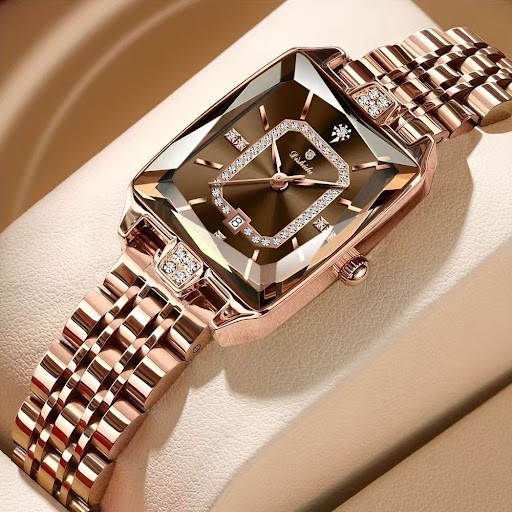 Montre Élégante pour Femme Rectangulaire à Strass avec Dateur & Bracelet Métallique