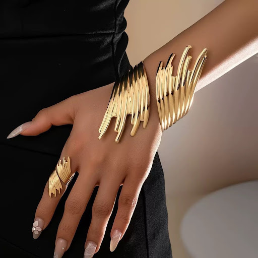 Parure Bracelet Manchette & Bague Design Ailes / Flammes - Style Moderne & Audacieux