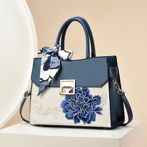 Sac à Main Élégant pour Femme Broderie Motifs Pivoine Traditionnelle - Sac Cabas Bandoulière avec Foulard