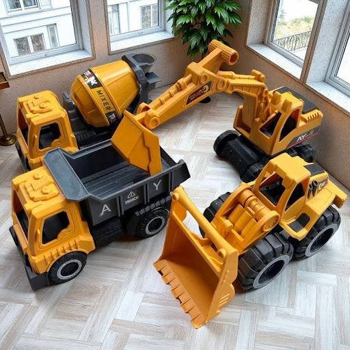 Pack de 4 Camions de Chantier Enfant - Camion Toupie, Benne, Pelle Mécanique & Chargeuse