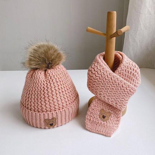 Ensemble Bonnet Pompon & Écharpe en Maille Ours Petit Bébé (5 mois - 3 ans)