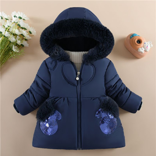 Doudoune Capuche Fourrure Fille avec Motifs Cœur & Poches Paillettes