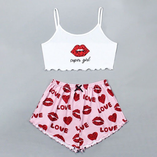 Ensemble Pyjama Sexy Femme Débardeur & Short Pattern Lèvres "Super Girl"